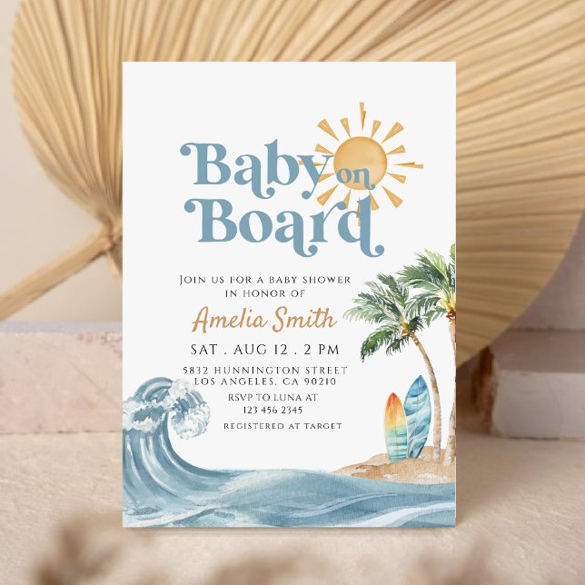Retro Baby on Board Surfboard Beach baby shower Invitation (Creator Uploaded)