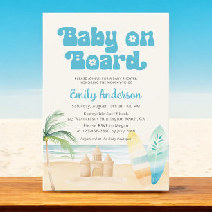 Retro Baby on Board Surfboard Beach Boy Shower Invitation
