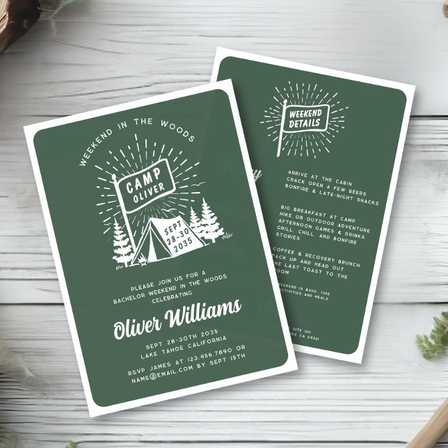 Retro Bachelor Party Weekend in the Woods | Green  Invitation (Creator Uploaded)