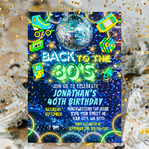 Retro Back to 80s Colourful Neon Glow Birthday Invitation