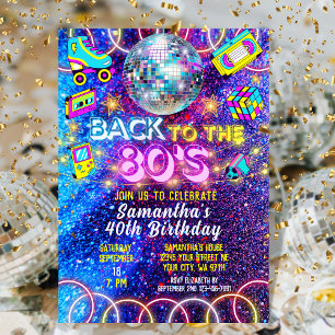Retro Back to 80s Colourful Vivid Neon Glow Party Invitation