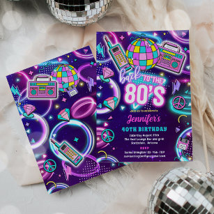 Retro Back To The 80s Neon Disco 40th Birthday Invitation