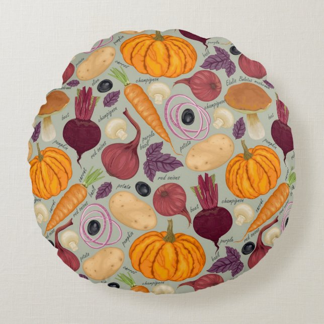 Retro background from fresh vegetables round cushion (Front)