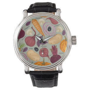 Retro background from fresh vegetables watch