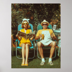 Retro Backyard BBQ Scene with Stylish Couple Poster