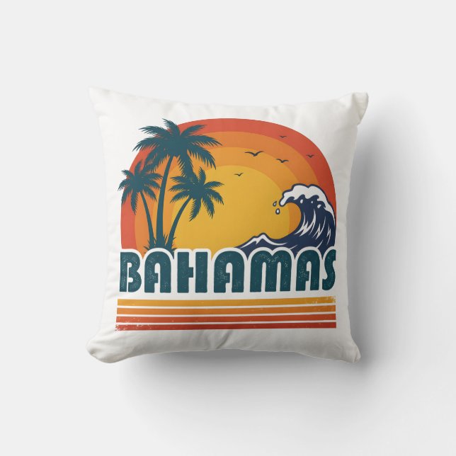 Retro Bahamas Beach Summer Sunset 70s Palm Tree Cushion (Front)