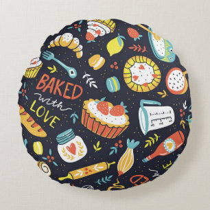 Retro bakery, dots, floral elements. round cushion