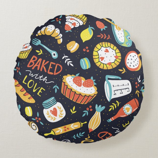 Retro bakery, dots, floral elements. round cushion (Front)