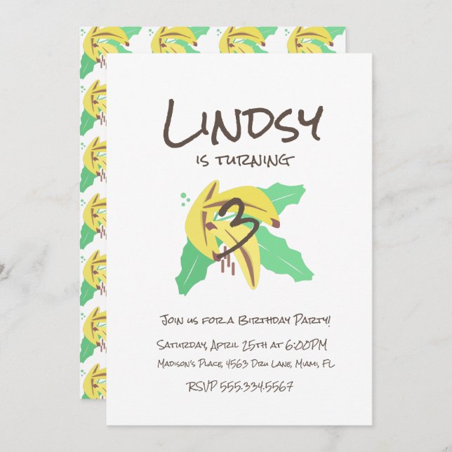 Retro Banana Yellow Turning Three Birthday Invitation (Front/Back)