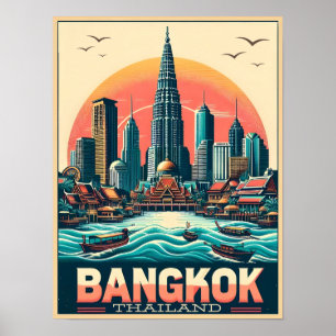 Retro Bangkok city skyline - Thailand travel gifts Poster