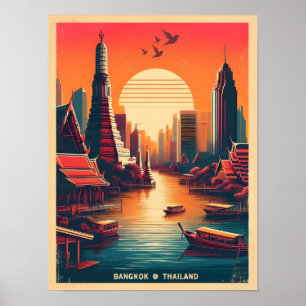 Retro Bangkok city skyline - Thailand travel gifts Poster