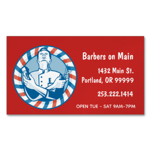 Retro Barber Badge on Red Magnetic Business Card