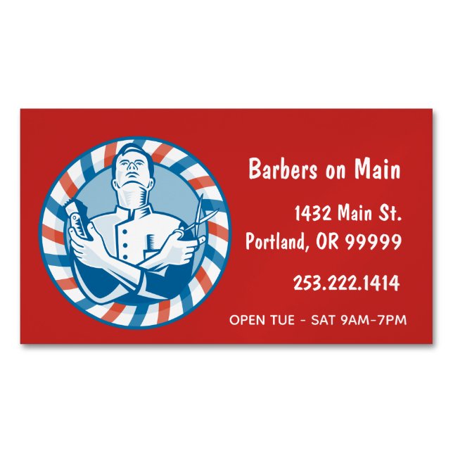 Retro Barber Badge on Red Magnetic Business Card (Front)