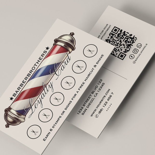 Retro Barber Pole Red White Blue Sand Loyalty Business Card (Creator Uploaded)