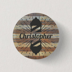 Retro Barber Shop Pole Woodgrain Name Tag 3 Cm Round Badge
