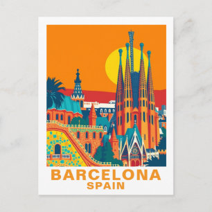 Retro Barcelona Spain Travel Postcard