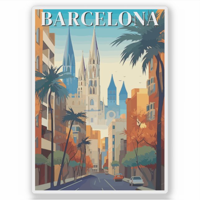 Retro Barcelona Vintage Travel Illustration (Front)