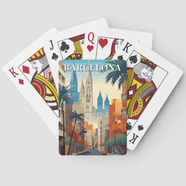 Retro Barcelona Vintage Travel Illustration Playing Cards (Back)