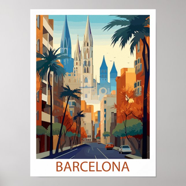 Retro Barcelona Vintage Travel Illustration Poster (Front)