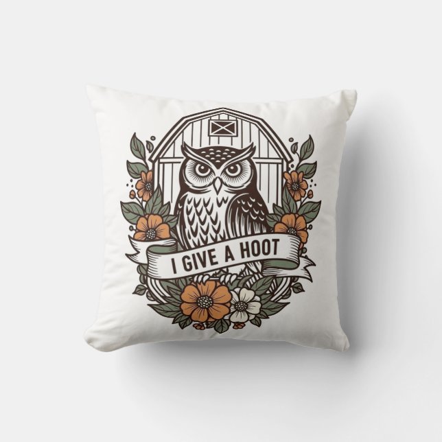 Retro barn owl 'I give a hoot' design Cushion (Front)