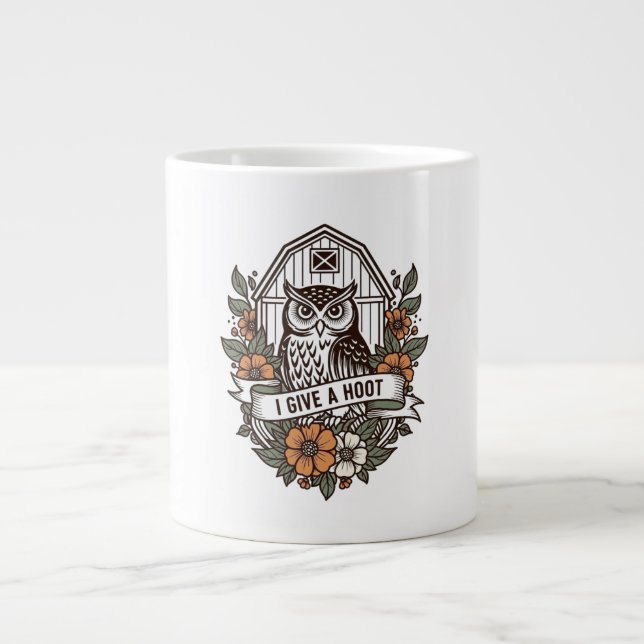 Retro barn owl 'I give a hoot' design Large Coffee Mug (Front)