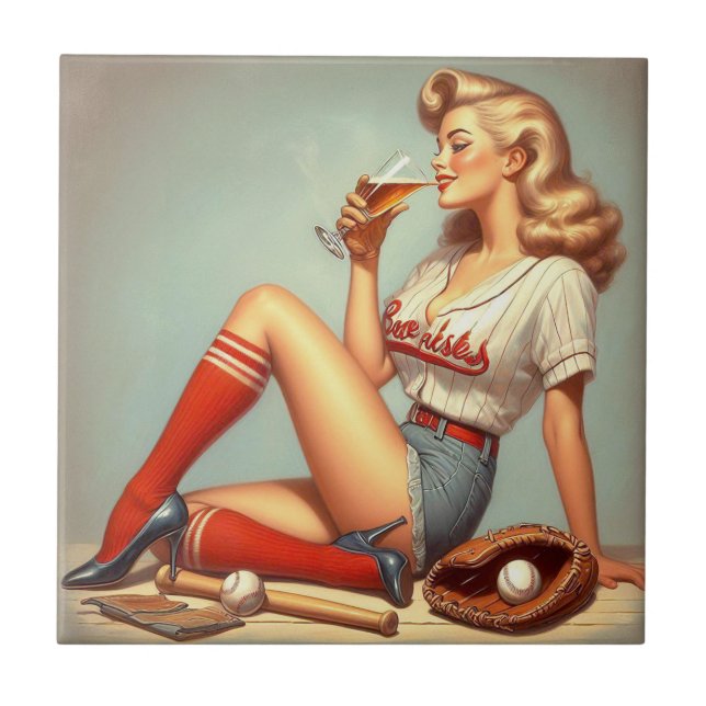 Retro Baseball Girl Painting Tile (Front)