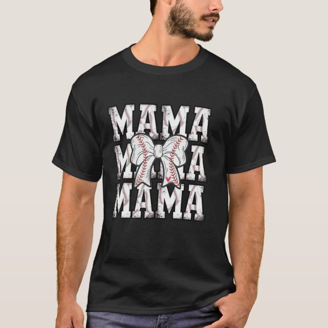 Retro Baseball Mama Coquette Bow T-Shirt (Front)