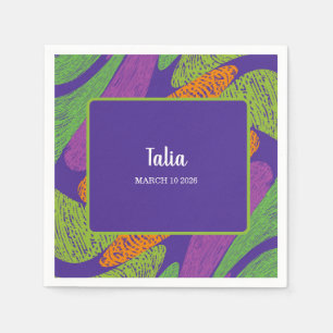 Retro Bat Mitzvah Purple and Green Napkin