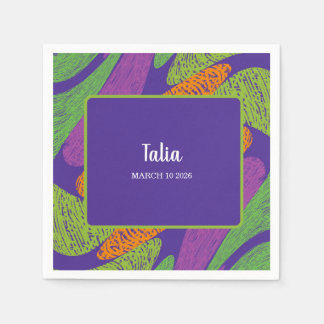 Retro Bat Mitzvah Purple and Green  Napkin