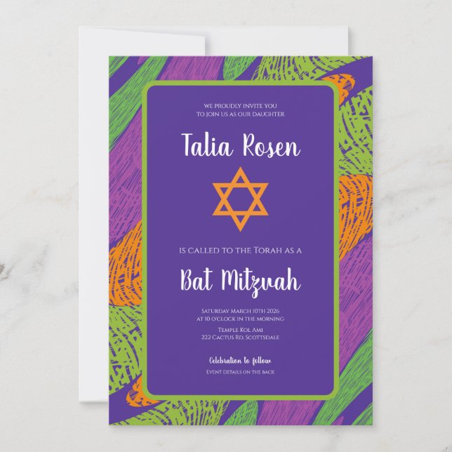 Retro Bat Mitzvah Purple and Green QR Code  Invitation (Front)