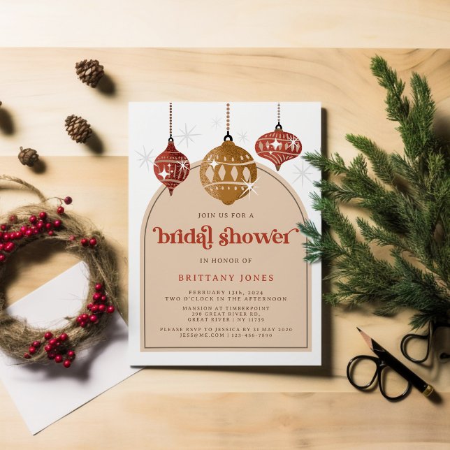Retro Bauble Ornament Christmas Bridal Shower red Invitation (Creator Uploaded)