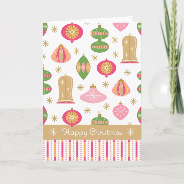Retro Baubles / Ornaments Christmas Card -Pink (Front)