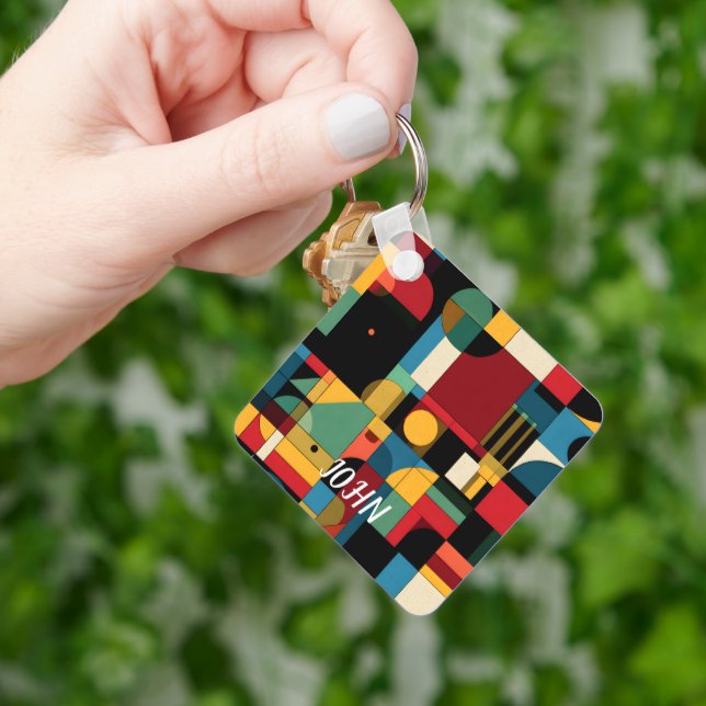 Retro Bauhaus Geometric Abstract Pattern Keychain  (Hand)