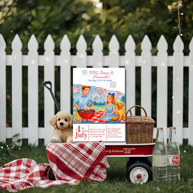 Retro BBQ Brews Fireworks Picnic 4th of July 250th Invitation (Retro BBQ Brews Fireworks Picnic 4th of July 250th Invitation)