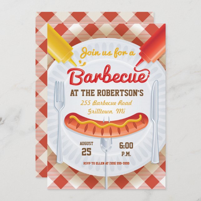 Retro BBQ Party Invitation on Gingham (Front/Back)
