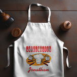 Retro BBQ Tools Chef's Hat Orange Red Long Apron<br><div class="desc">A retro style apron for the guy who knows his way around a barbecue grill. The design features an illustration of red-handled BBQ tools and a chef's hat on an orange background. The word "Grillmaster" appears above in a decorative red retro typeface. Customise with the chef's name below in red...</div>