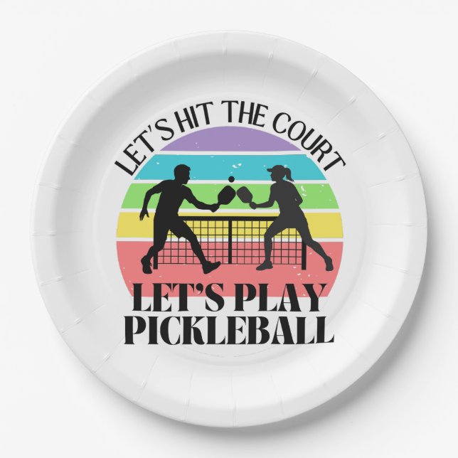 Retro Be Happy Pickleball Rainbow Birthday Paper Plate (Front)