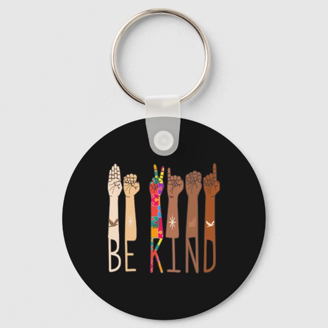 Retro Be Kind Hand Sign Language ASL Puzzle Autism Key Ring (Front)