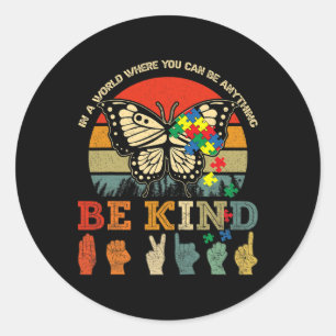 Retro Be Kind Puzzle Butterfly ASL Teacher Autism  Classic Round Sticker