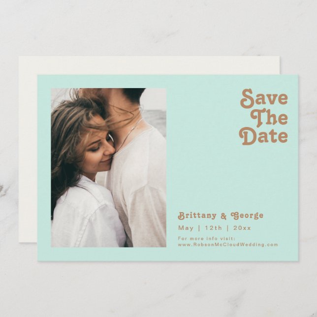 Retro Beach | Aqua Photo Horizontal Save The Date (Front/Back)