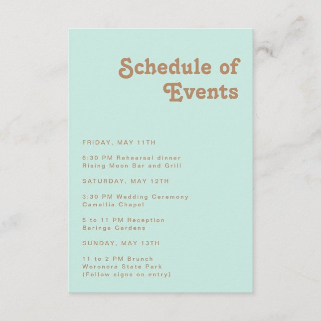 Retro Beach | Aqua Schedule of Events Enclosure Card (Front)