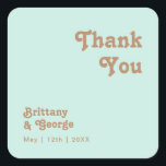 Retro Beach | Aqua Thank You Wedding Favour Square Sticker<br><div class="desc">This retro beach | aqua thank you wedding favour square sticker is perfect for your simple vintage, colourful tropical boho summer wedding. Its unique bohemian mid-century font gives this design a classic minimalist groovy hippie vibe. Suppose you're looking for a design that features bright, rustic coastal ocean colours for your...</div>
