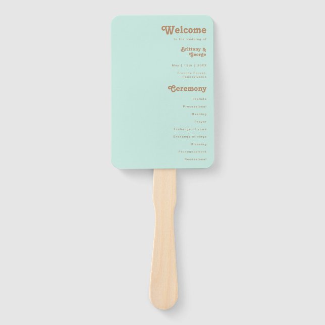 Retro Beach | Aqua Wedding Program Hand Fan (Front)