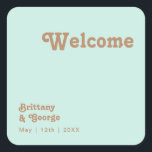 Retro Beach | Aqua Wedding Welcome Square Sticker<br><div class="desc">This retro beach | aqua wedding welcome square sticker is perfect for your simple vintage, colourful tropical boho summer wedding. Its unique bohemian mid-century font gives this design a classic minimalist groovy hippie vibe. Suppose you're looking for a design that features bright, rustic coastal ocean colours for your creative 70's...</div>