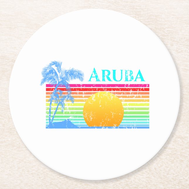 Retro Beach Aruba Sunset Round Paper Coaster (Front)