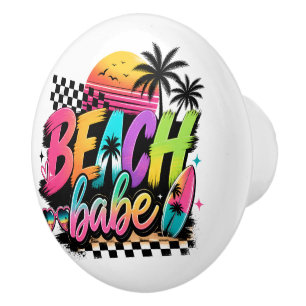 Retro Beach Babe Colourful Tropical Surf Design Ceramic Knob