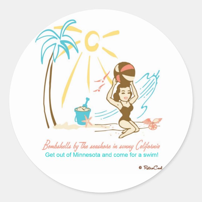 Retro 'Beach Bombshell' Classic Round Sticker (Front)