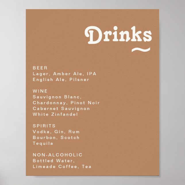 Retro Beach | Brown Wedding Drinks Menu Sign (Front)