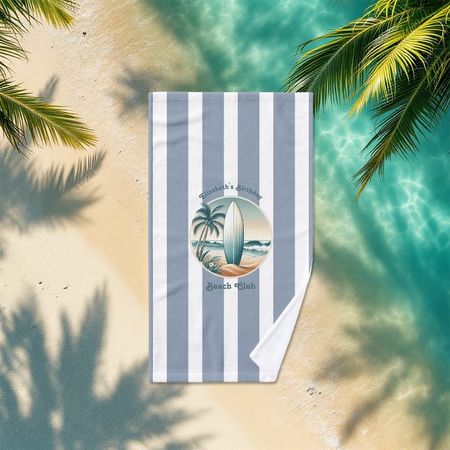 Retro Beach Club Birthday Custom Cabana Stripes Towel (Retro Beach Club Birthday Custom Cabana Stripes Beach Towel)
