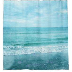 Retro Beach - Coastal Ocean Teal Blue Watercolor Shower Curtain